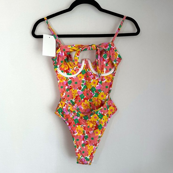 NWT For Love & Lemons‎ XS Floral Zinnia Print Tie Back One Piece Swimsuit Cheeky - Picture 4 of 11